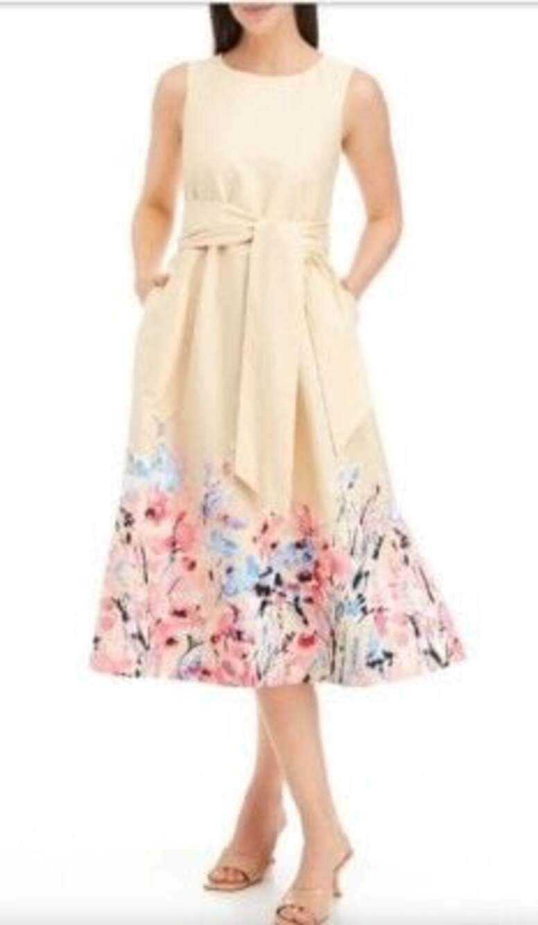 Anne Klein Printed Flowers Midi Dress w/ Attached Sash Pockets Beige Tan Size XL